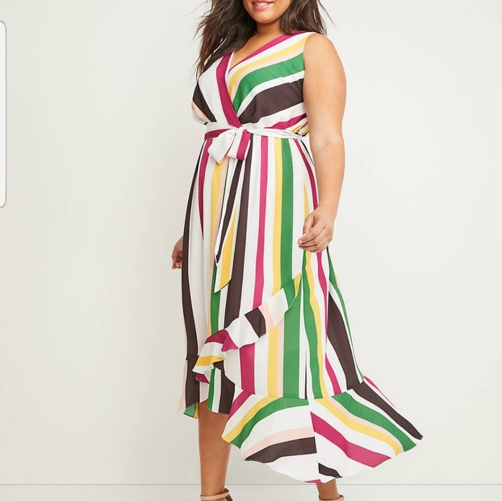 Striped Faux-Wrap Midi Dress